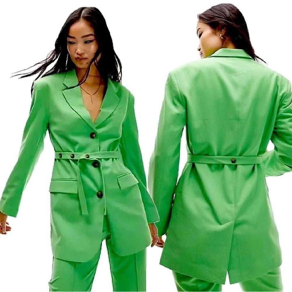 NEW Topshop Belted Long Blazer In Green Fall Party Coat Size 8 Workwear Chic